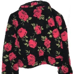 Black shearling jacket with red roses